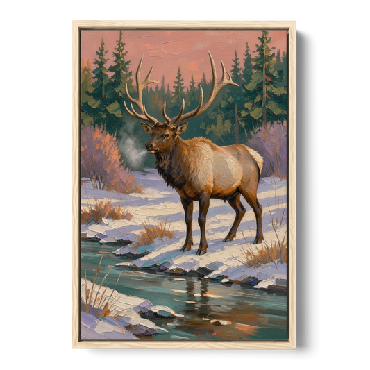 Bull Elk at the Snowy Creek in Winter - Oak Framed Canvas Wall Art - Front