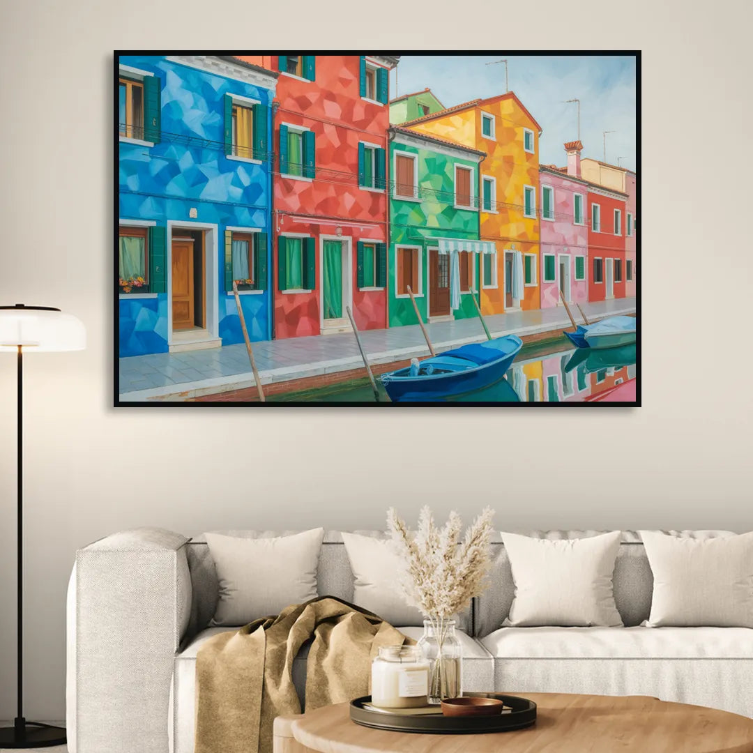Burano's Colorful Streets Living Room - Black Canvas Wall Art