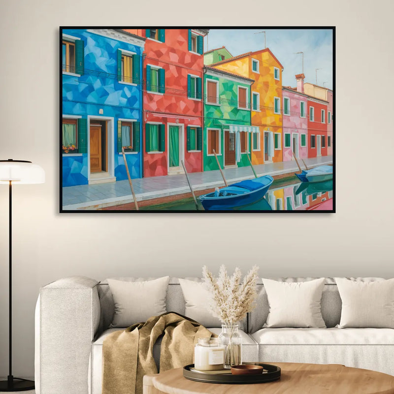 Burano's Colorful Streets Living Room - Black Canvas Wall Art