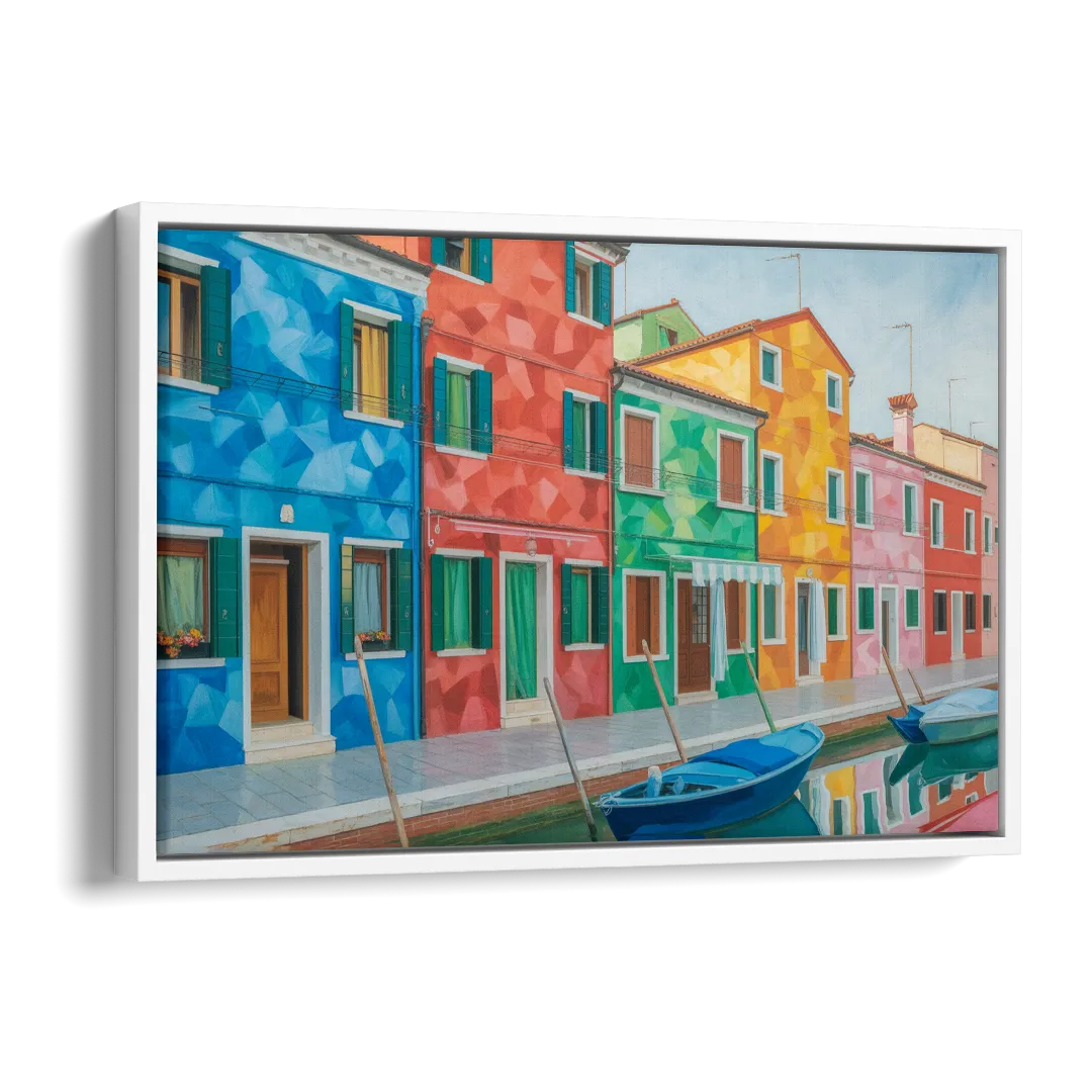 Burano's Colorful Streets Side - White Canvas Wall Art