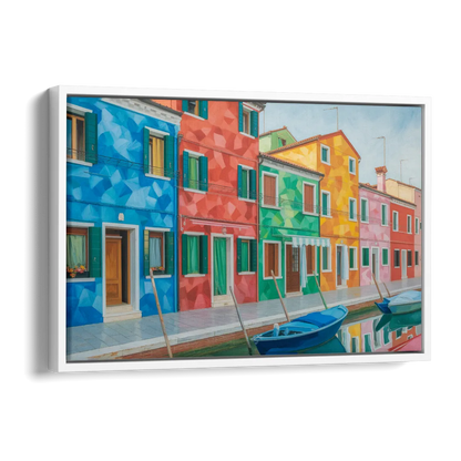 Burano's Colorful Streets Side - White Canvas Wall Art