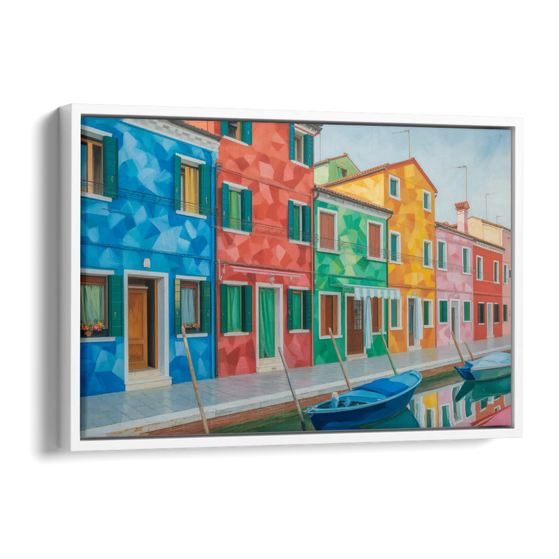 Burano's Colorful Streets Side - White Canvas Wall Art