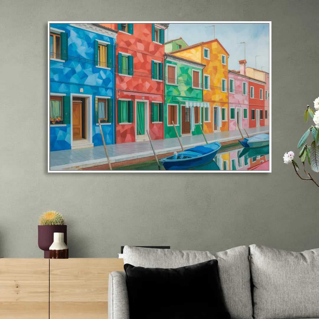 Burano's Colorful Streets Sitting Room - White Canvas Wall Art