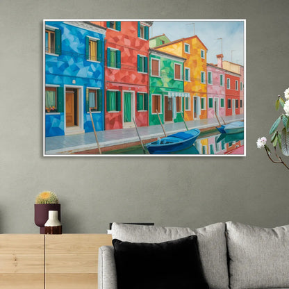 Burano's Colorful Streets Sitting Room - White Canvas Wall Art