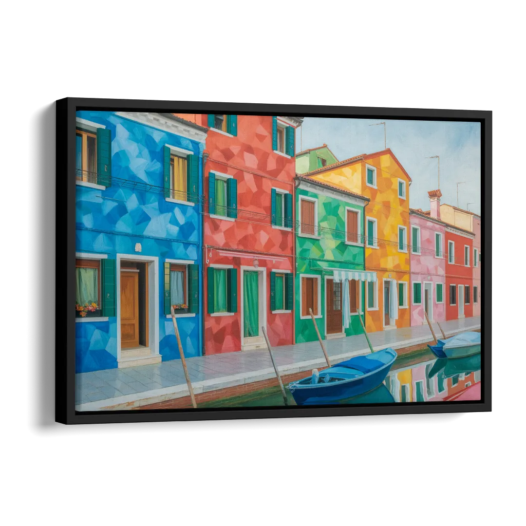 Burano's Colorful Streets Side - Black Canvas Wall Art