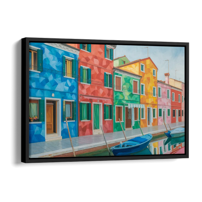 Burano's Colorful Streets Side - Black Canvas Wall Art