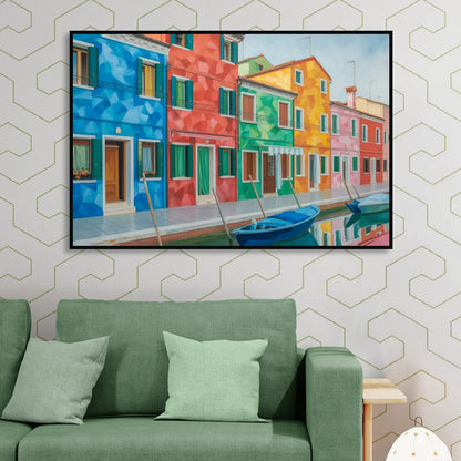 Burano's Colorful Streets Sitting Room - Black Canvas Wall Art