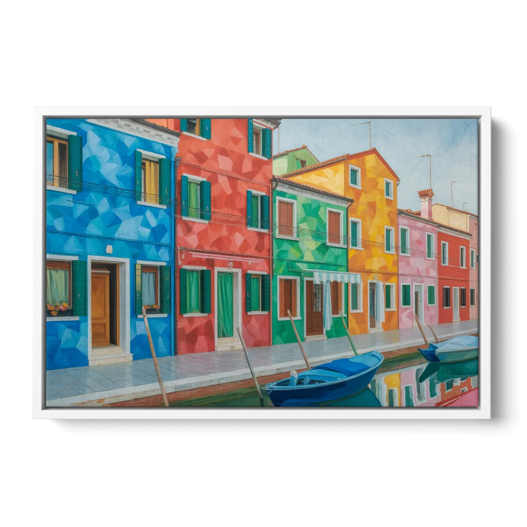 Burano's Colorful Streets Front - White Canvas Wall Art