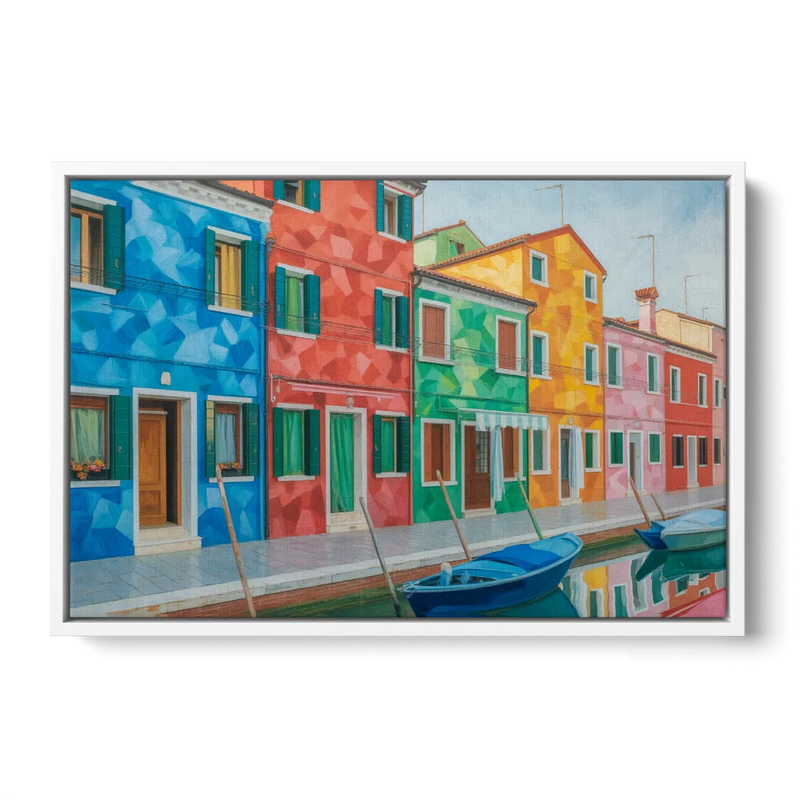 Burano's Colorful Streets Front - White Canvas Wall Art