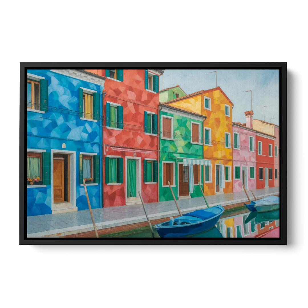 Burano's Colorful Streets Front - Black Canvas Wall Art