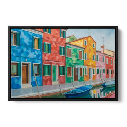 Burano's Colorful Streets Front - Black Canvas Wall Art