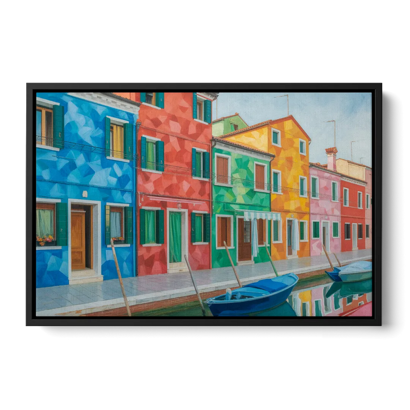 Burano's Colorful Streets Front - Black Canvas Wall Art