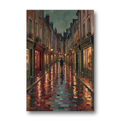 Burgundy Wall Decor of a Rainy Cobblestone Lane - Canvas Wall Art - Front