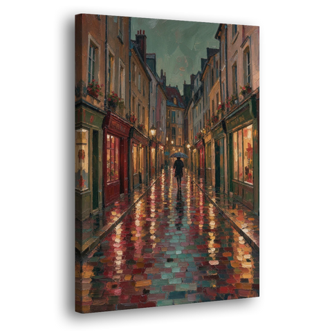 Burgundy Wall Decor of a Rainy Cobblestone Lane - Canvas Wall Art - Side