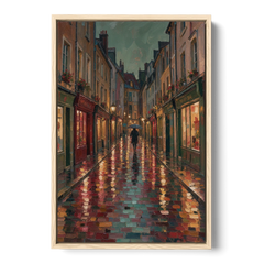 Burgundy Wall Decor of a Rainy Cobblestone Lane - Oak Framed Canvas Wall Art - Front