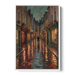 Burgundy Wall Decor of a Rainy Cobblestone Lane - White Framed Canvas Wall Art - Front