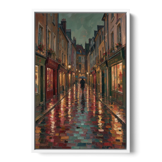 Burgundy Wall Decor of a Rainy Cobblestone Lane - White Framed Canvas Wall Art - Front