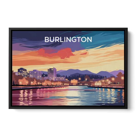 Burlington Skyline At Sunset - Black Framed Canvas Wall Art - Front