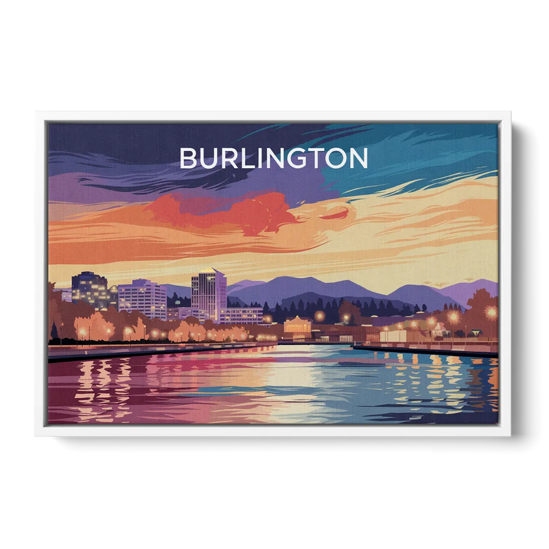 Burlington Skyline At Sunset Front - White Canvas Wall Art