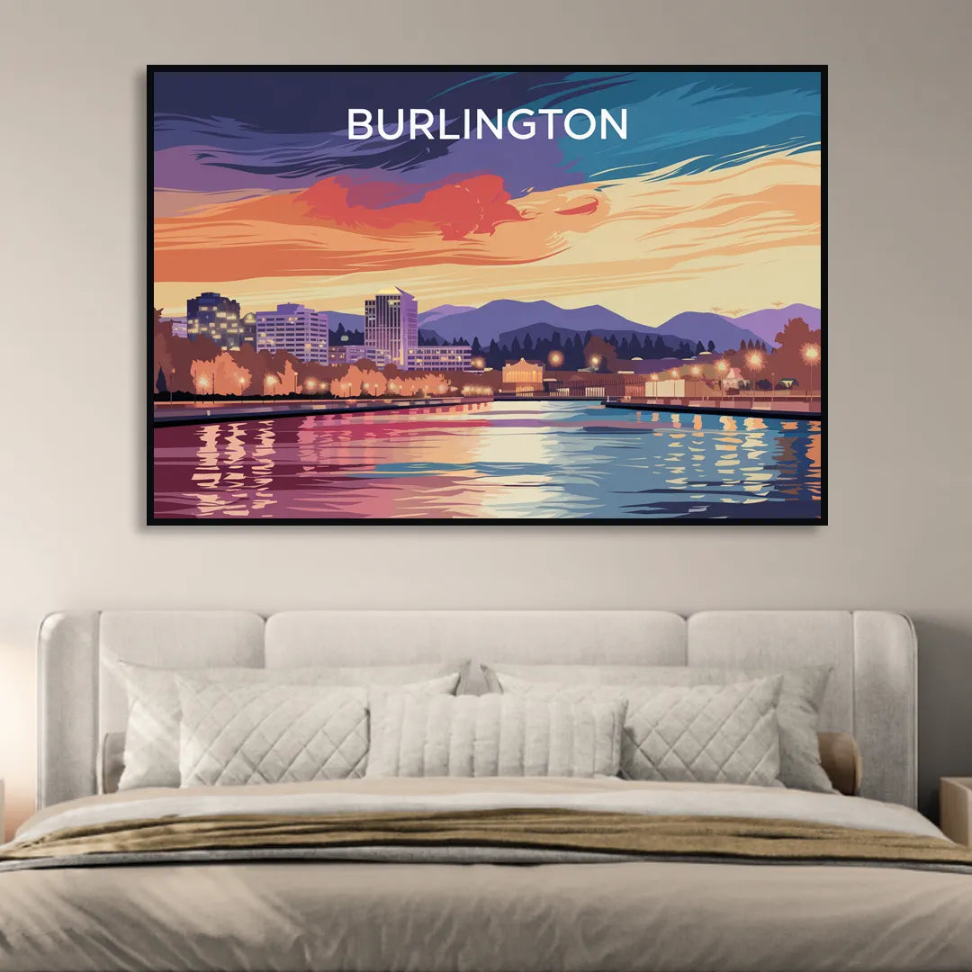 Burlington Skyline At Sunset Living Room - Black Canvas Wall Art