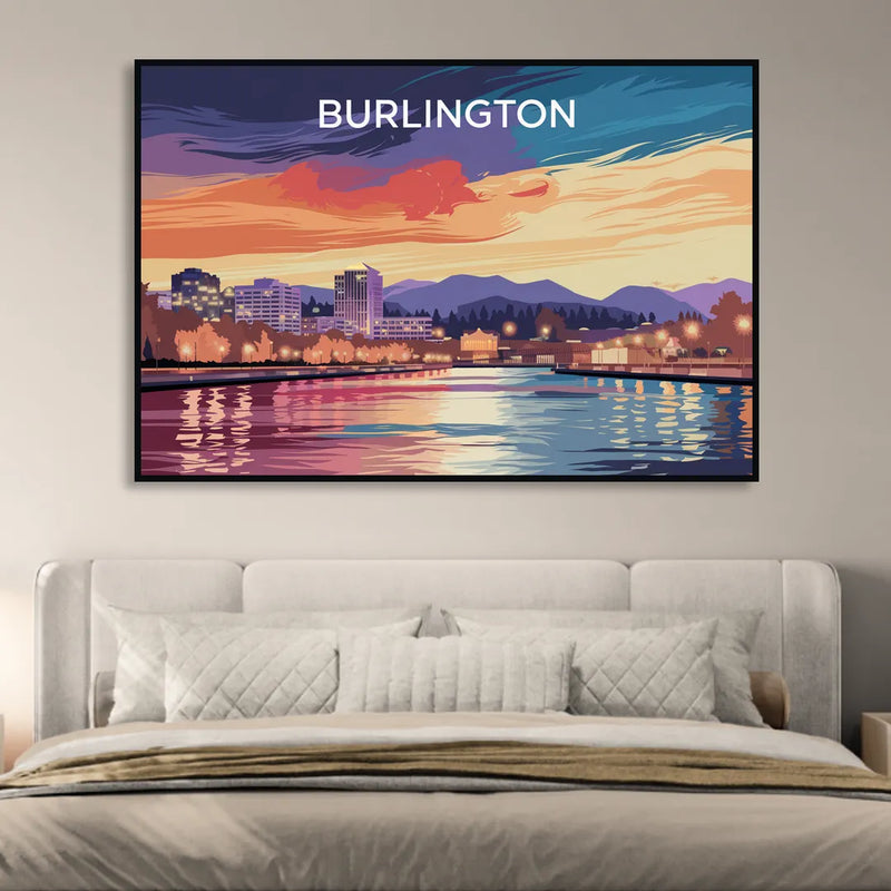 Burlington Skyline At Sunset Living Room - Black Canvas Wall Art