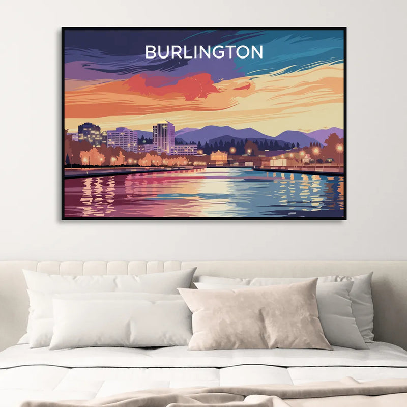 Burlington Skyline At Sunset Sitting Room - Black Canvas Wall Art