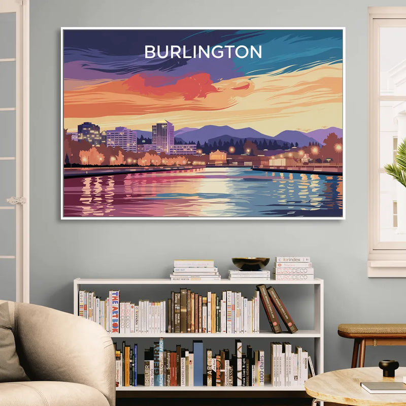 Burlington Skyline At Sunset Sitting Room - White Canvas Wall Art