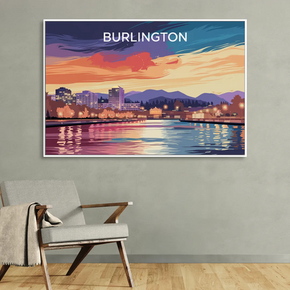Burlington Skyline At Sunset Living Room - White Canvas Wall Art