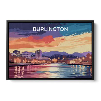 Burlington Skyline At Sunset Front - Black Canvas Wall Art