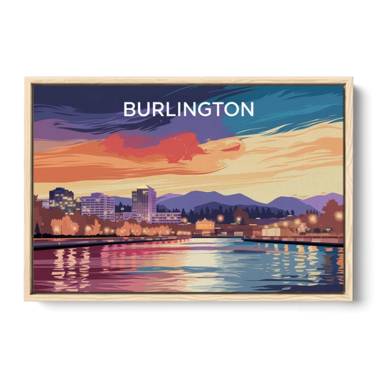 Burlington Skyline At Sunset - Oak Framed Canvas Wall Art - Front