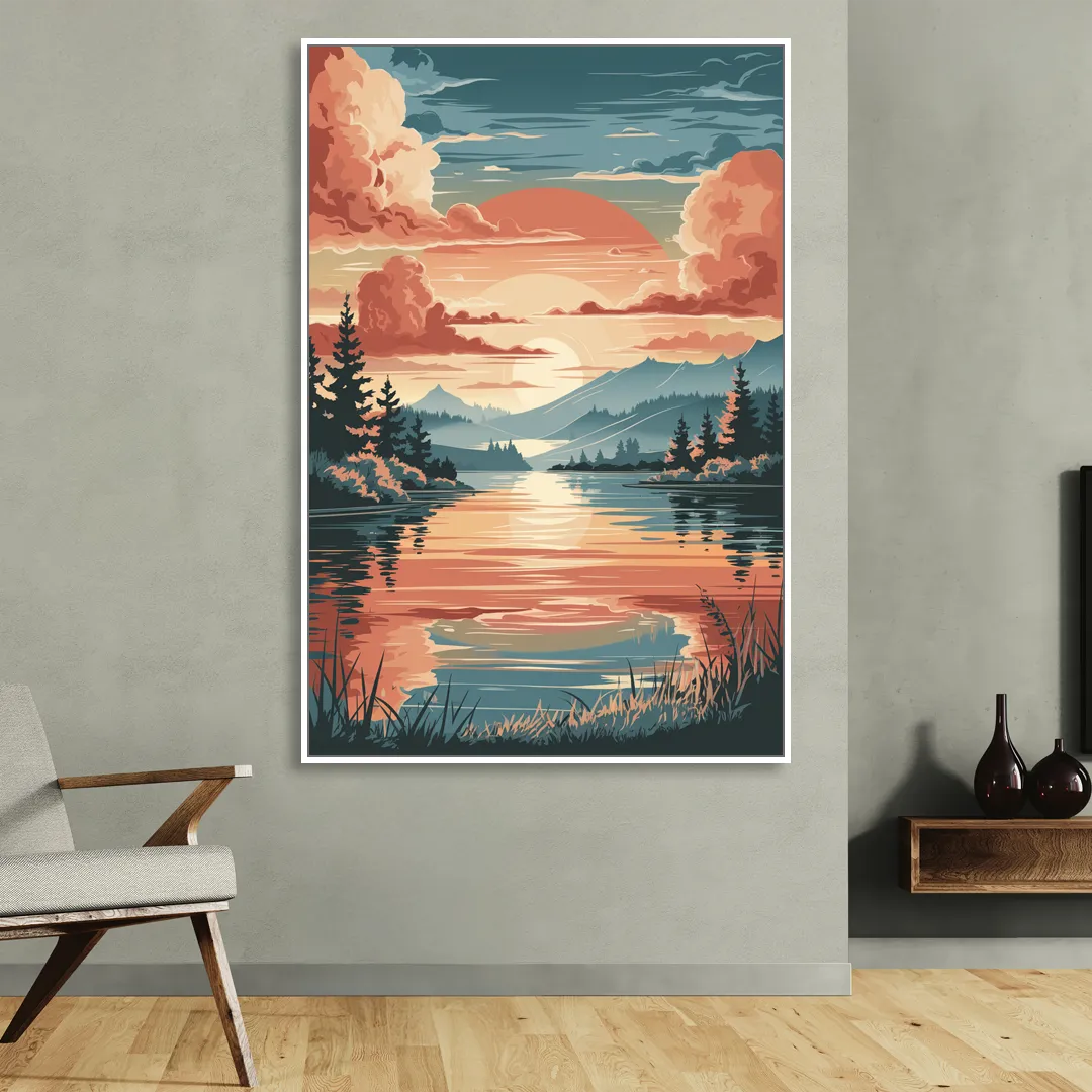 Burlington Sunset Reflections Living Room - White Canvas Wall Art