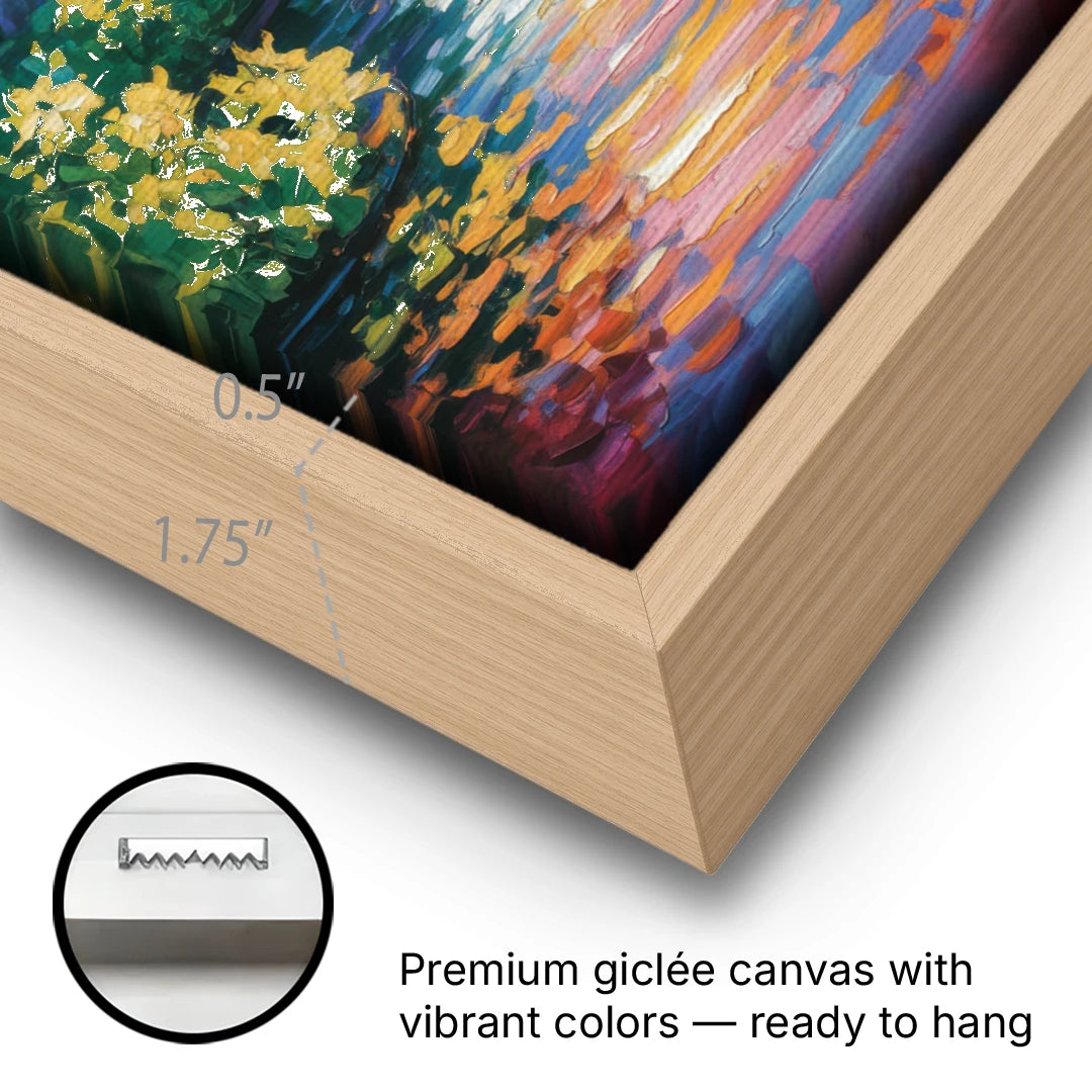 Butchart Gardens Bloom - Oak Framed Canvas Wall Art - Gallery Wrap Corner