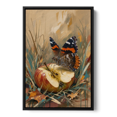 Butterfly Art Prints Red Admiral on a Windfall Apple - Black Framed Canvas Wall Art - Front