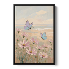 Butterfly Nursery Decor with Pastel Cosmos - Black Framed Canvas Wall Art - Front