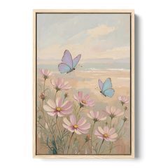 Butterfly Nursery Decor with Pastel Cosmos - Oak Framed Canvas Wall Art - Front