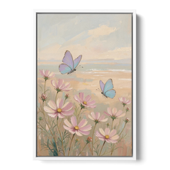 Butterfly Nursery Decor with Pastel Cosmos - White Framed Canvas Wall Art - Front