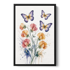 Butterfly Nursery Wall Art with Sweet Pea Blossoms - Black Framed Canvas Wall Art - Front