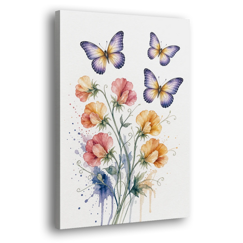 Butterfly Nursery Wall Art with Sweet Pea Blossoms - Canvas Wall Art - Side