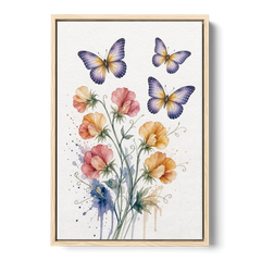 Butterfly Nursery Wall Art with Sweet Pea Blossoms - Oak Framed Canvas Wall Art - Front