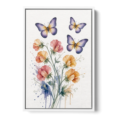 Butterfly Nursery Wall Art with Sweet Pea Blossoms - White Framed Canvas Wall Art - Front