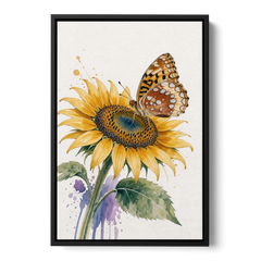 Butterfly and Flower Painting with Fritillary on Sunflower - Black Framed Canvas Wall Art - Front