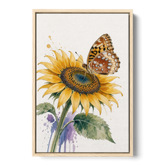 Butterfly and Flower Painting with Fritillary on Sunflower - Oak Framed Canvas Wall Art - Front