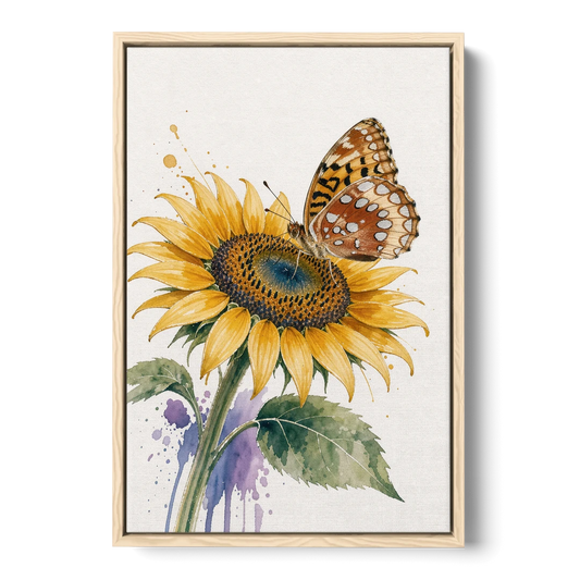 Butterfly and Flower Painting with Fritillary on Sunflower - Oak Framed Canvas Wall Art - Front