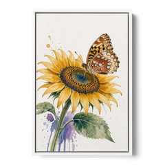 Butterfly and Flower Painting with Fritillary on Sunflower - White Framed Canvas Wall Art - Front