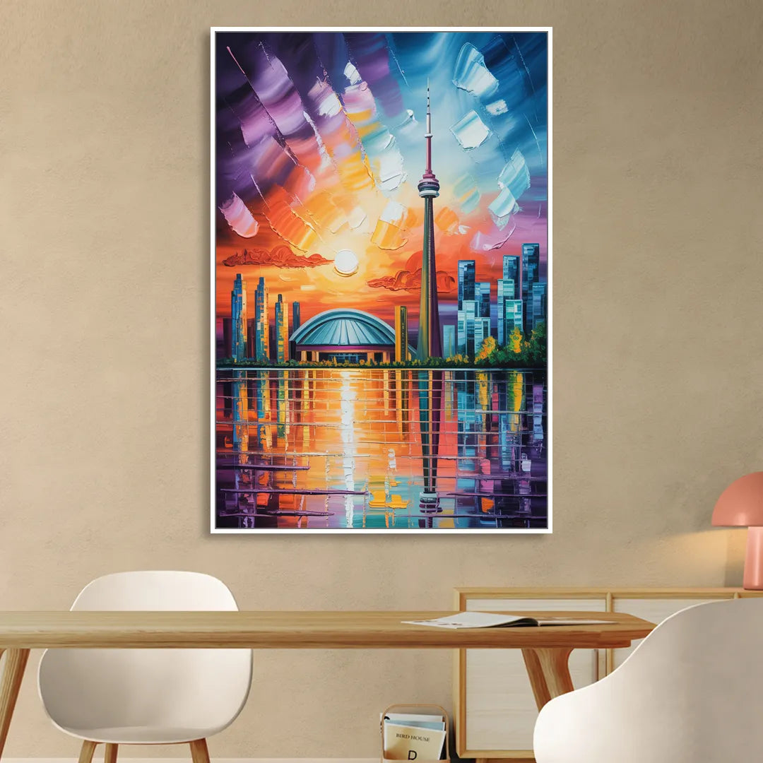 CN Tower Sunset Watercolor Sitting Room - White Canvas Wall Art