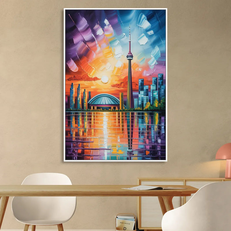 CN Tower Sunset Watercolor Sitting Room - White Canvas Wall Art