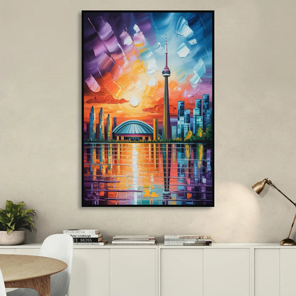 CN Tower Sunset Watercolor Living Room - Black Canvas Wall Art