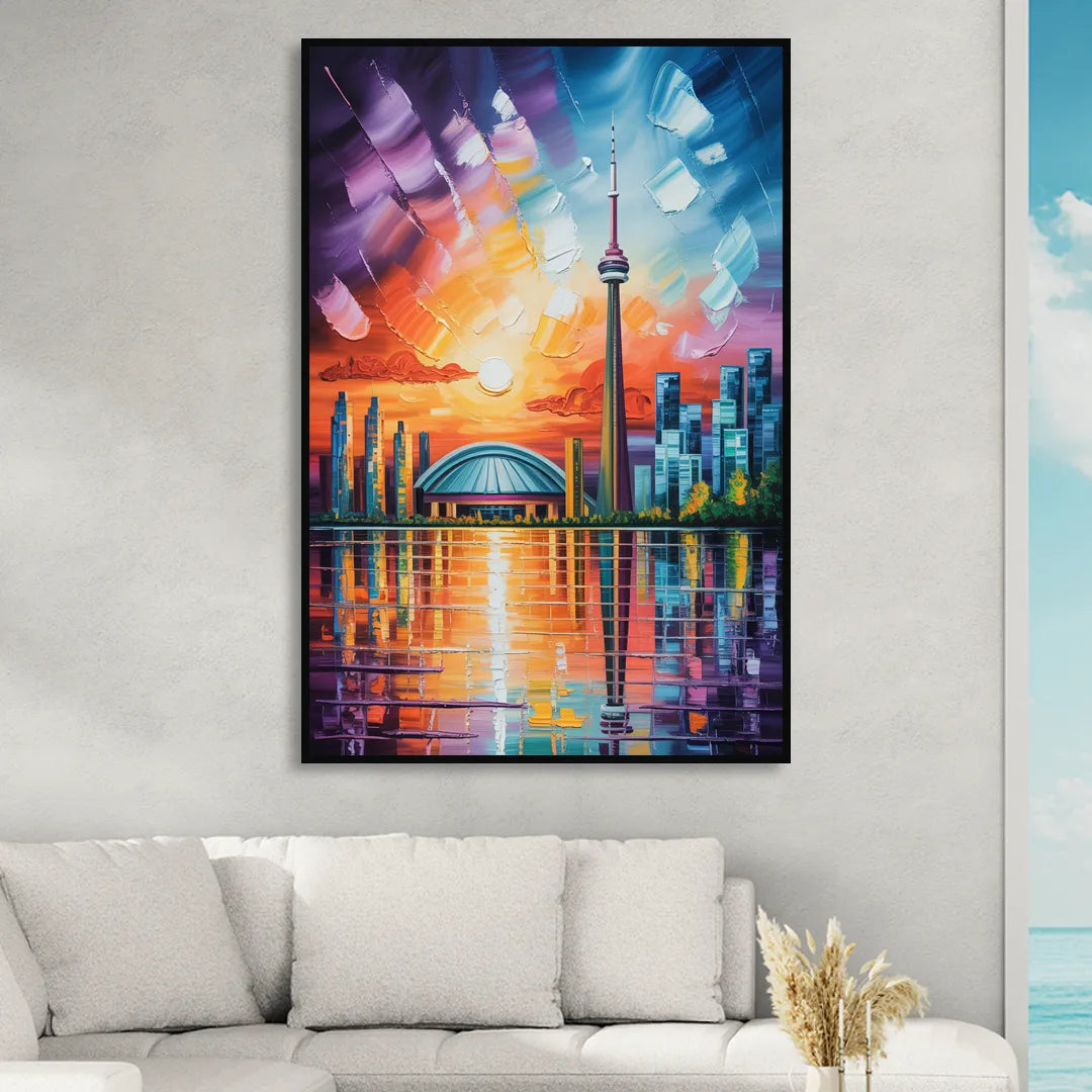 CN Tower Sunset Watercolor Sitting Room - Black Canvas Wall Art