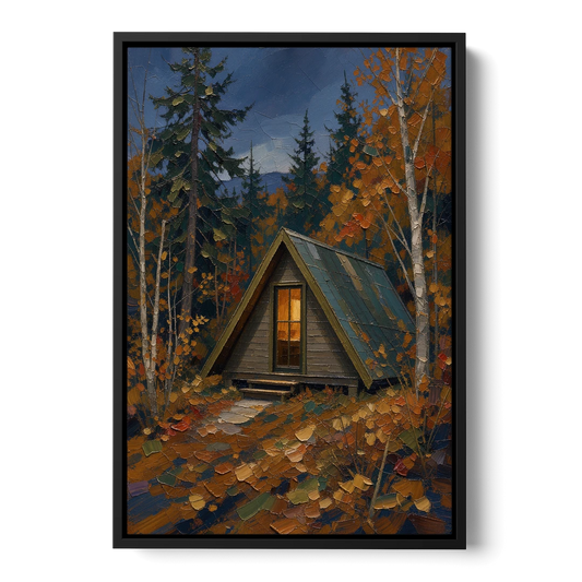 Cabin Wall Art with Amber Window at Autumn Dusk - Black Framed Canvas Wall Art - Front