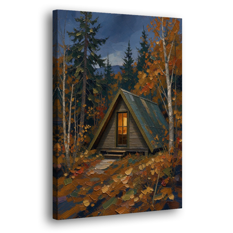 Cabin Wall Art with Amber Window at Autumn Dusk - Canvas Wall Art - Side
